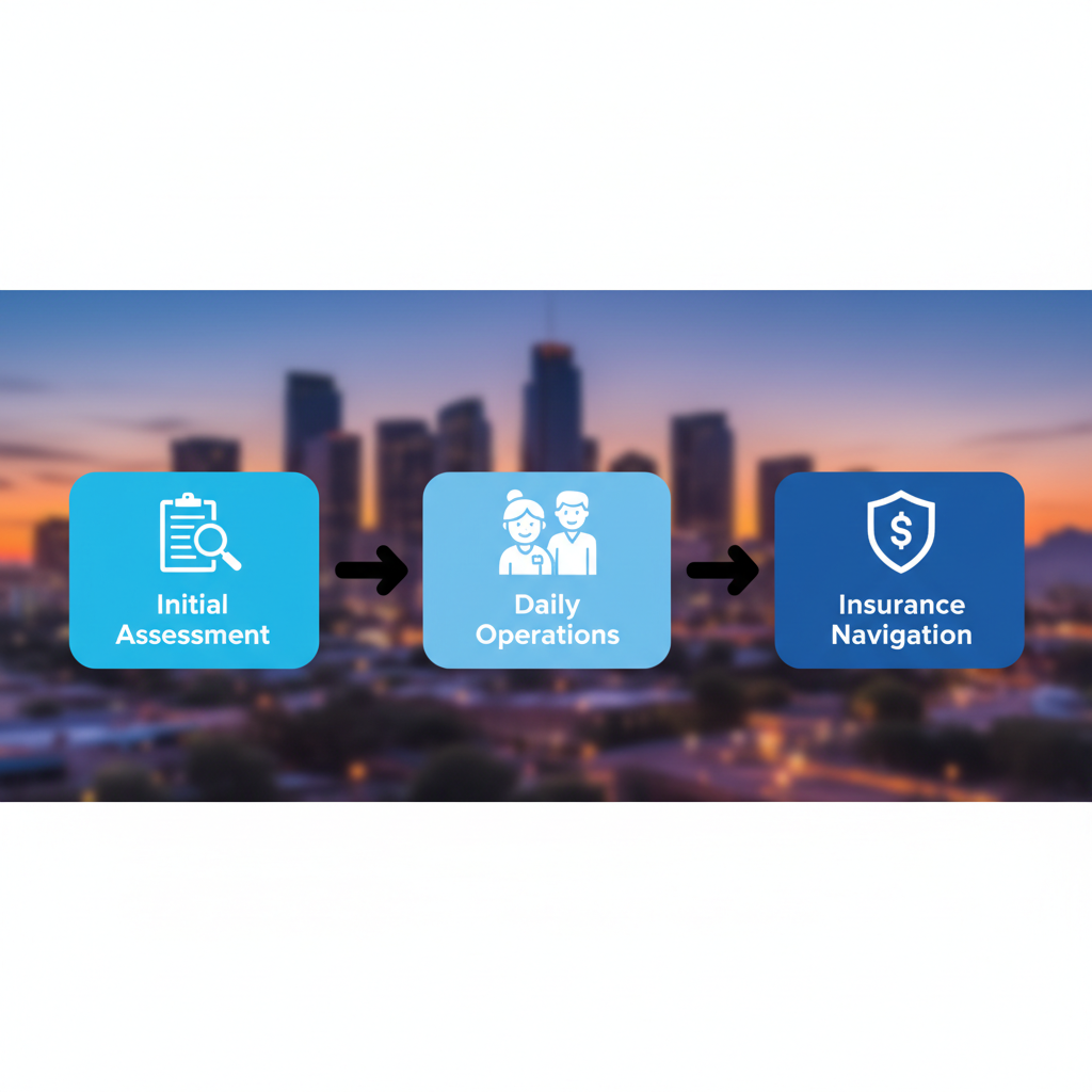 Horizontal process flow diagram outlining three stages of elder home care services in Phoenix: initial assessment, daily operations, and insurance navigation.
