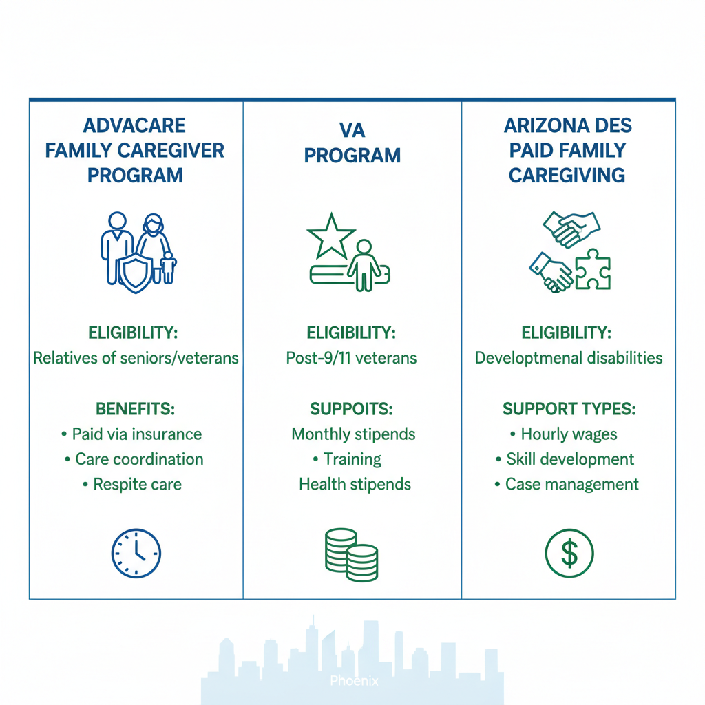 Infographic comparing Advacare, VA, and Arizona DES family caregiver programs in Phoenix with eligibility and benefits.