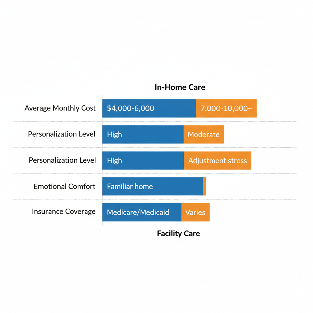 Bar chart comparing in-home and facility care options for Alzheimer's patients in Phoenix, highlighting cost, personalization, comfort, and coverage differences.