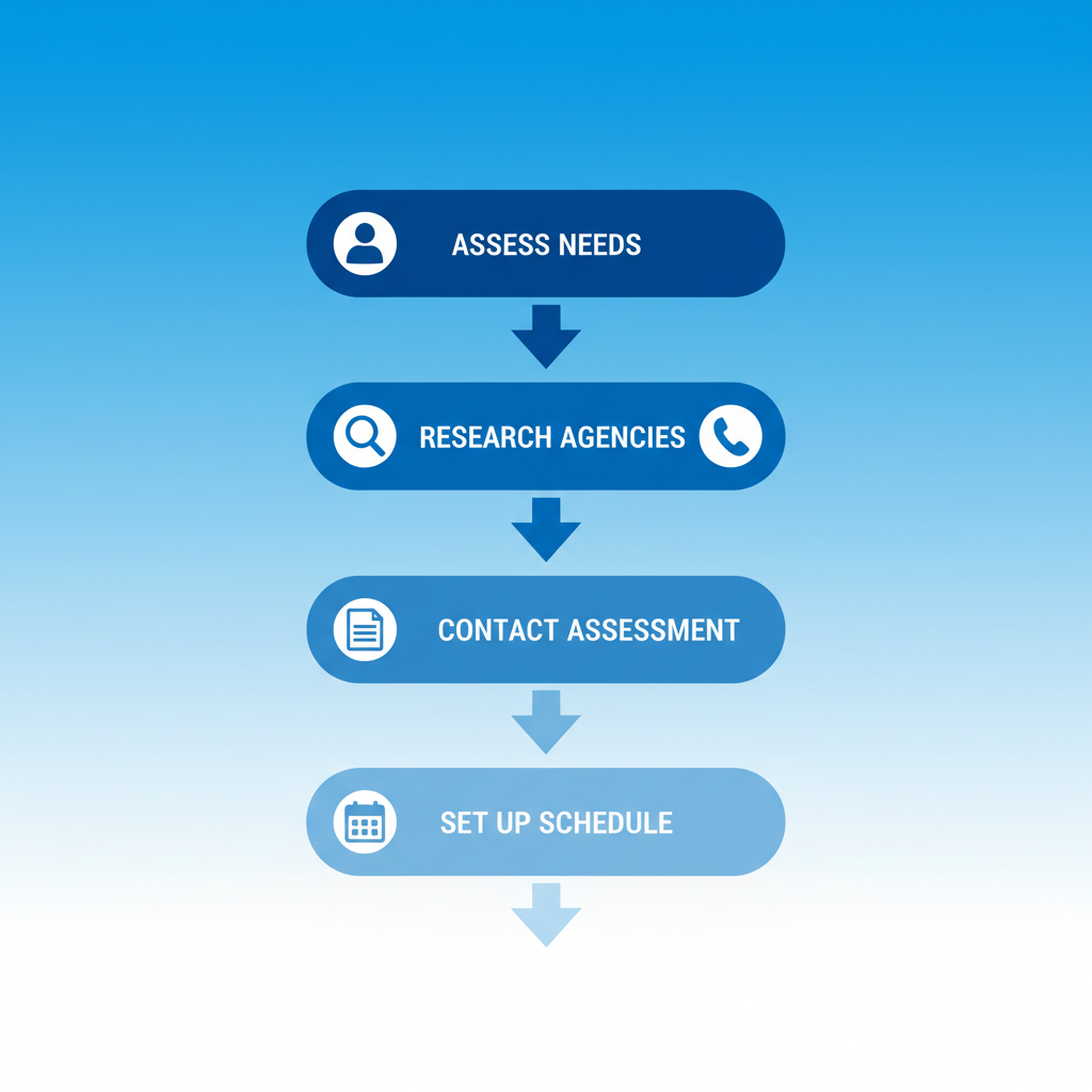 Vertical process flow illustrating five steps to arrange elder care in Phoenix with icons and brief labels