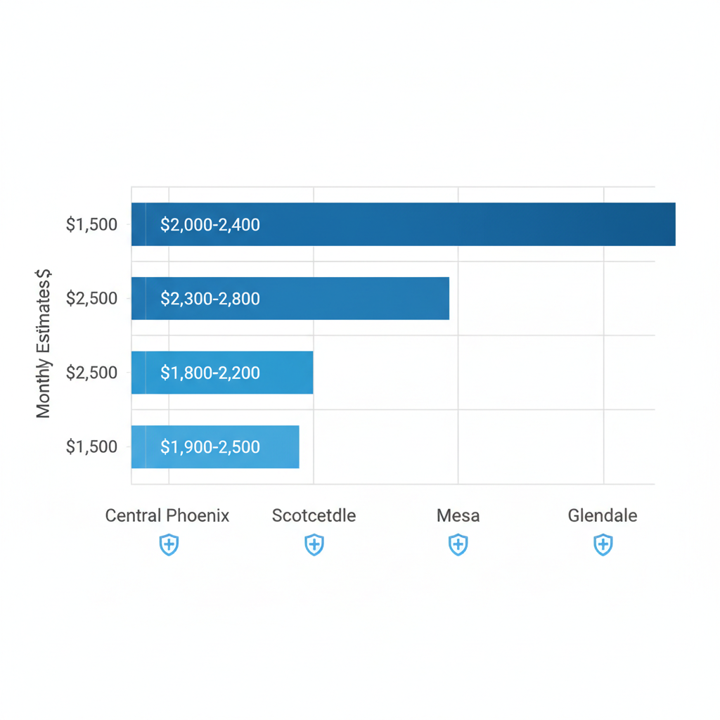 Horizontal bar chart comparing average monthly elder care costs in Central Phoenix, Scottsdale, Mesa, and Glendale neighborhoods, with insurance icons and grid lines.