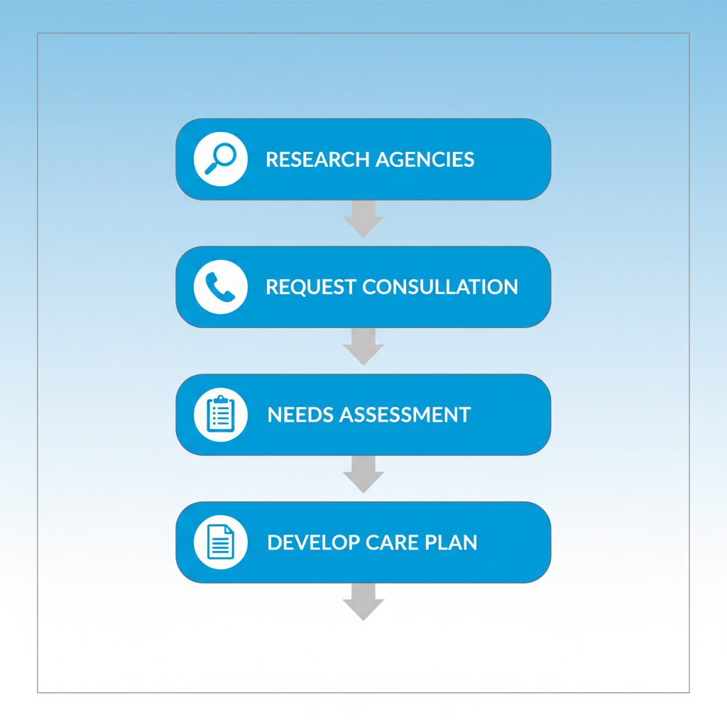 Vertical process flow diagram showing four steps to start home care services in Phoenix, Arizona
