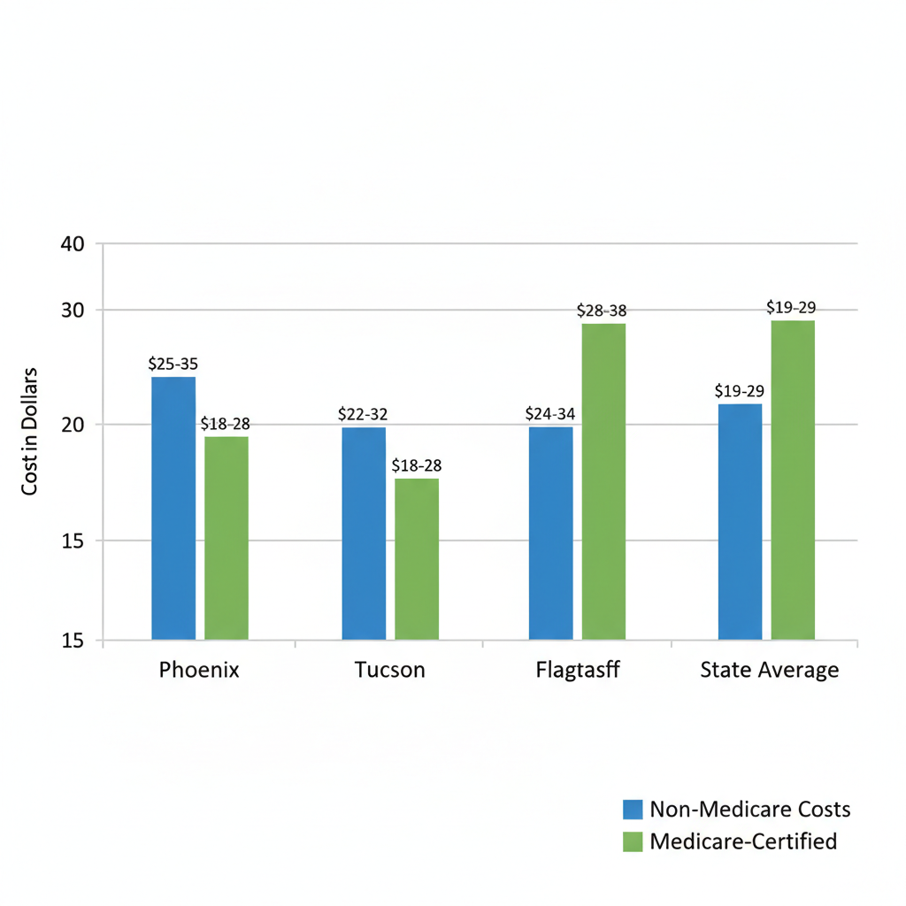 Bar chart comparing home care costs in Phoenix, Tucson, Flagstaff, and Arizona state average, with non-Medicare and Medicare options