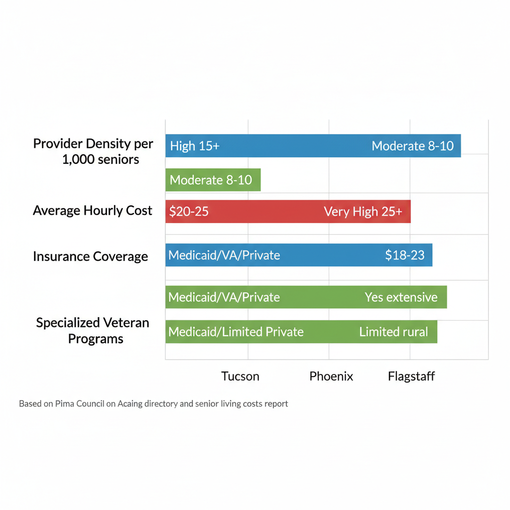 Bar chart comparing home care provider density, costs, insurance, and veteran programs in Tucson, Phoenix, and Flagstaff regions.