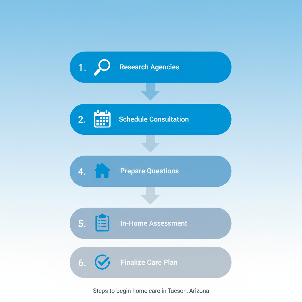 Vertical process flow diagram showing six steps to start home care in Tucson with icons, labels, and arrows.
