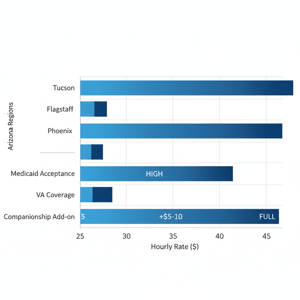Horizontal bar chart comparing average hourly home care rates in Tucson, Phoenix, and Flagstaff, Arizona, with additional cost factors like Medicaid and VA coverage.