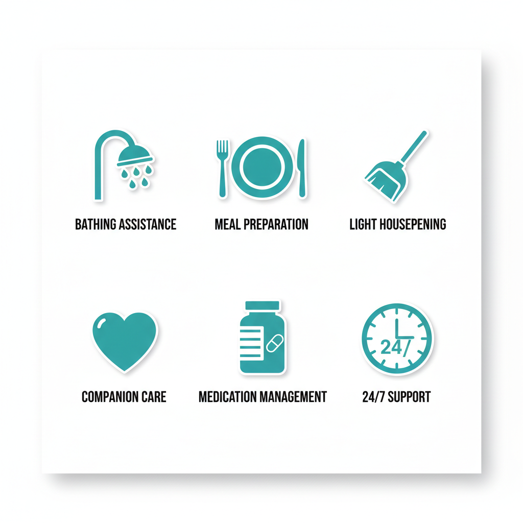 Icons depicting senior home care services: bathing assistance, meal preparation, light housekeeping, companion care, medication management, and 24/7 support in Tucson.