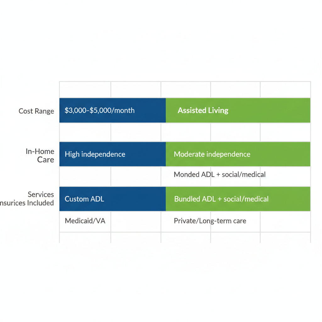 Horizontal bar chart comparing in-home care and assisted living in Tucson, Arizona, across cost, independence, services, and insurance.