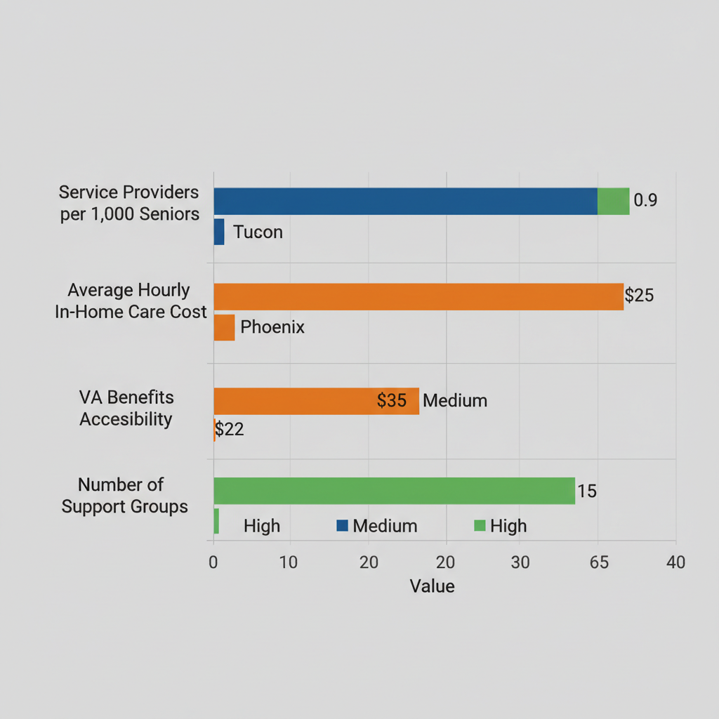 Horizontal bar chart comparing dementia care metrics: providers per seniors, hourly costs, VA benefits access, and support groups in Tucson, Phoenix, and Flagstaff.