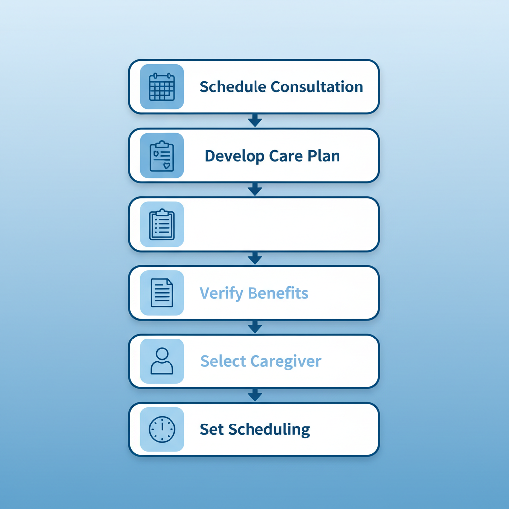 Vertical process flow diagram illustrating five steps to start in-home dementia care with icons and minimal labels.