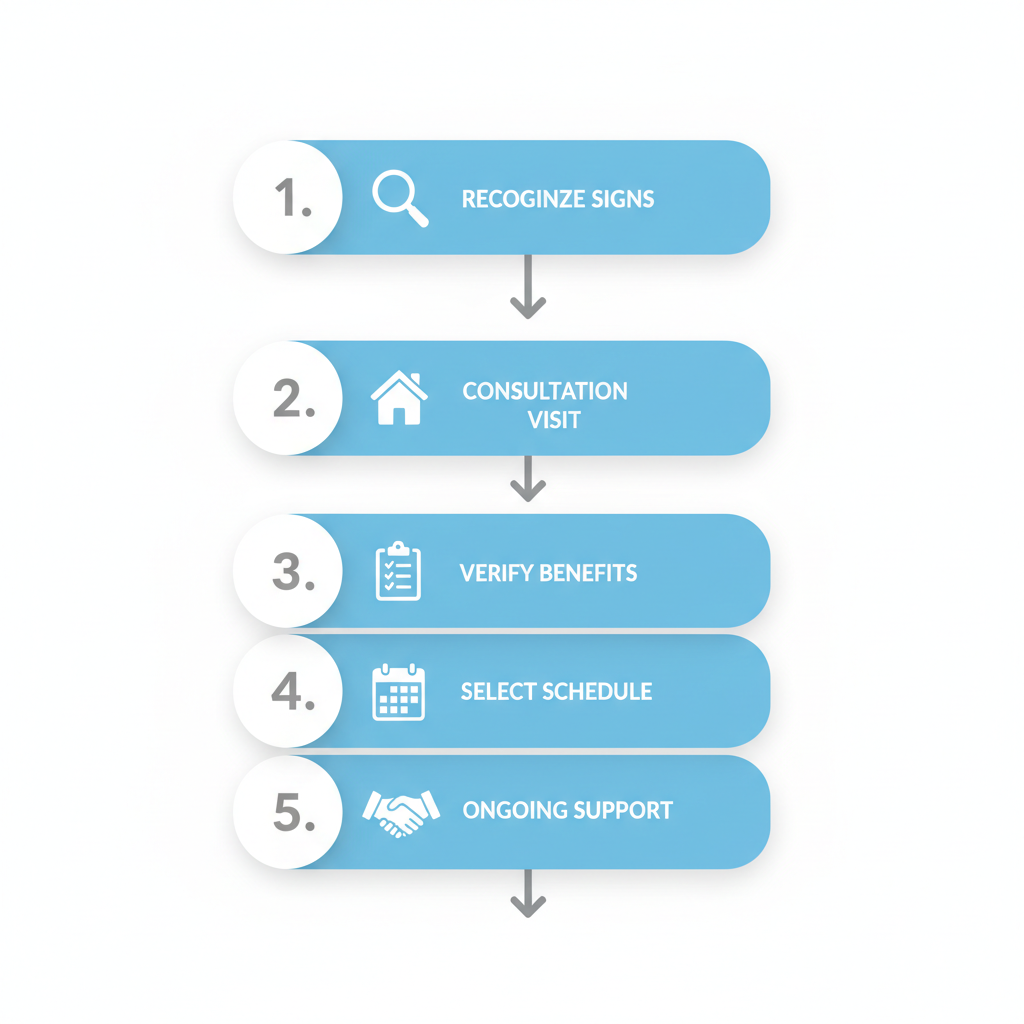Vertical process flow diagram illustrating five steps to arrange in-home dementia care with icons and minimal labels.