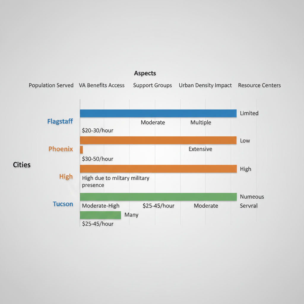 Horizontal bar chart comparing dementia care aspects across Flagstaff, Phoenix, and Tucson cities
