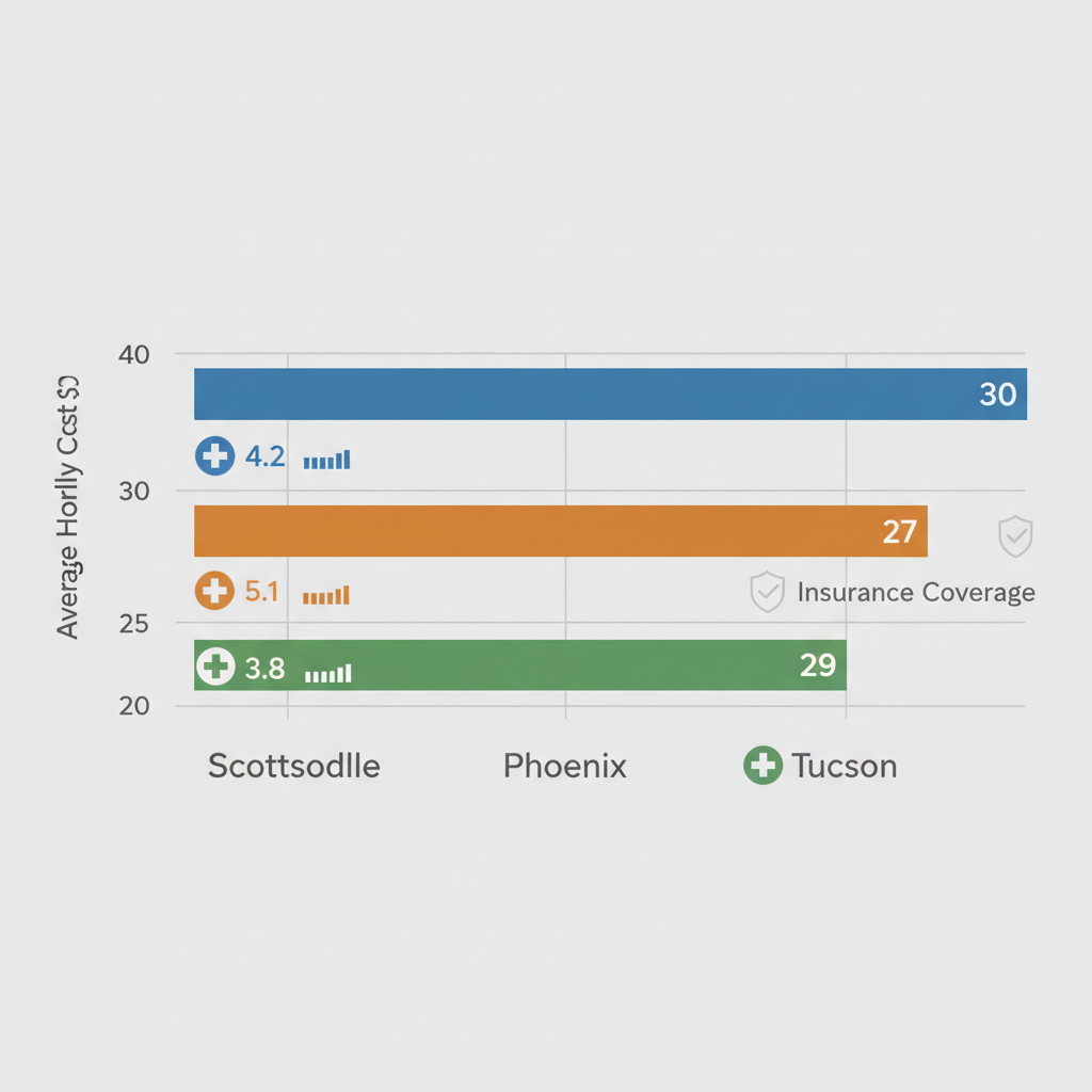 Horizontal bar chart comparing average hourly in-home care costs and agency densities in Scottsdale, Phoenix, and Tucson.