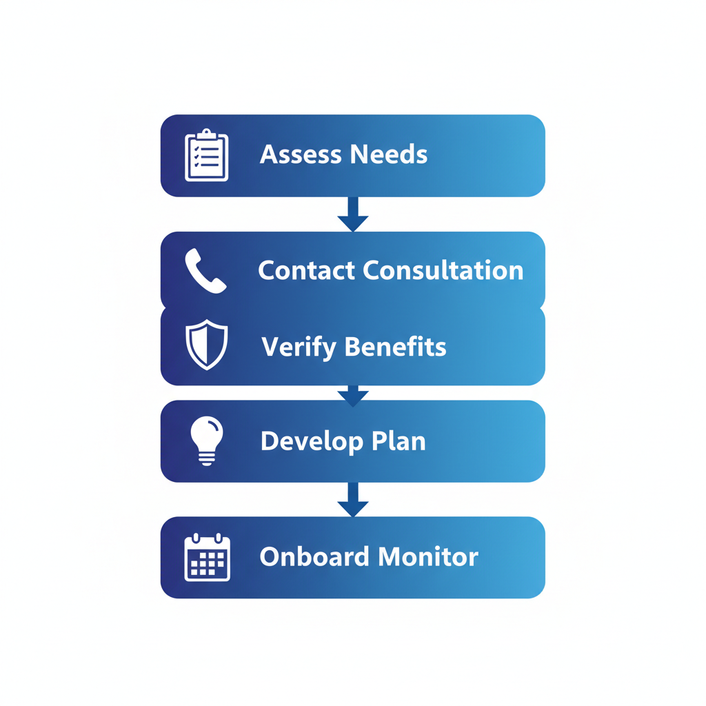 Vertical process flow illustrating five steps to begin in-home care in Scottsdale with icons and labels