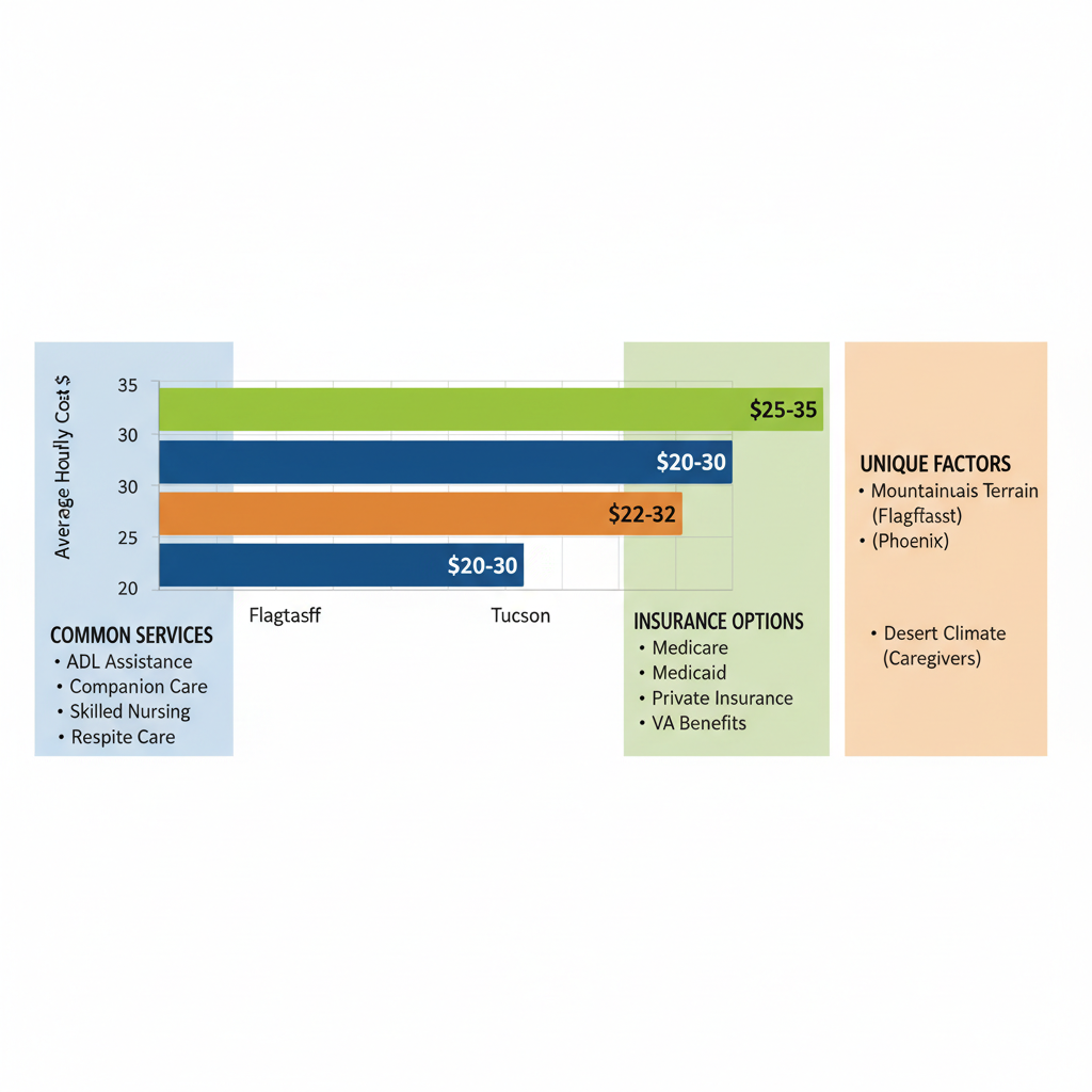Horizontal bar chart comparing average hourly costs for senior care in Flagstaff, Phoenix, and Tucson, with panels on services, insurance, and regional factors