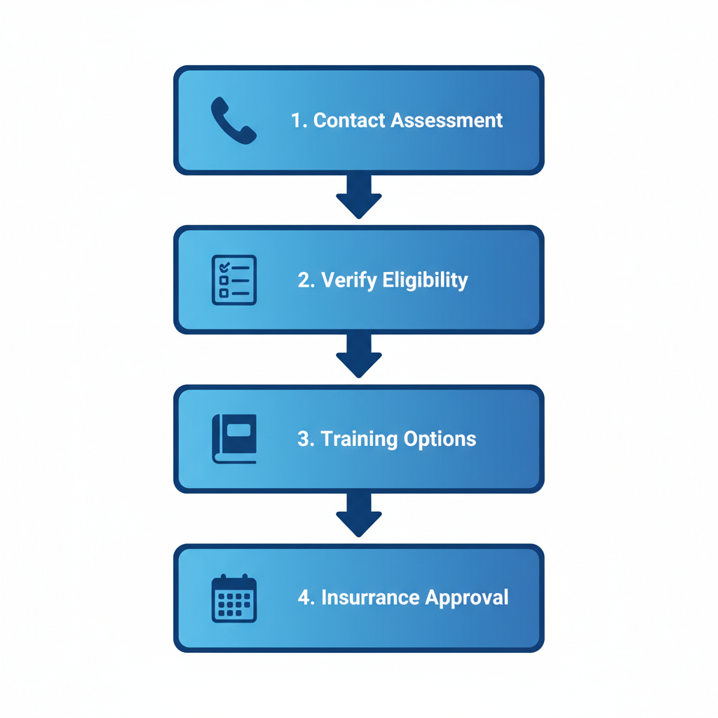 Vertical process flow diagram illustrating five steps to enroll in family caregiver support in Flagstaff with icons and blue gradient boxes