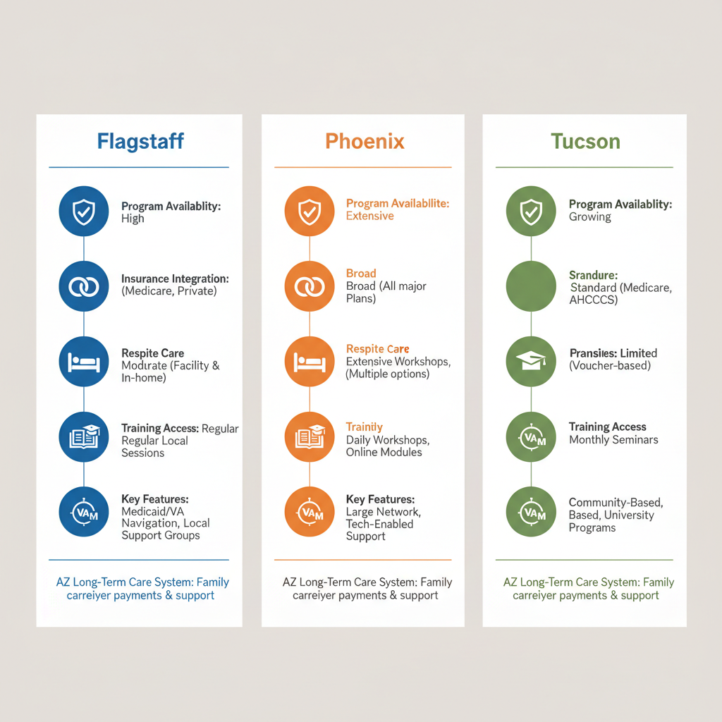 Infographic comparing family caregiving resources in Flagstaff, Phoenix, and Tucson with icons and key features.