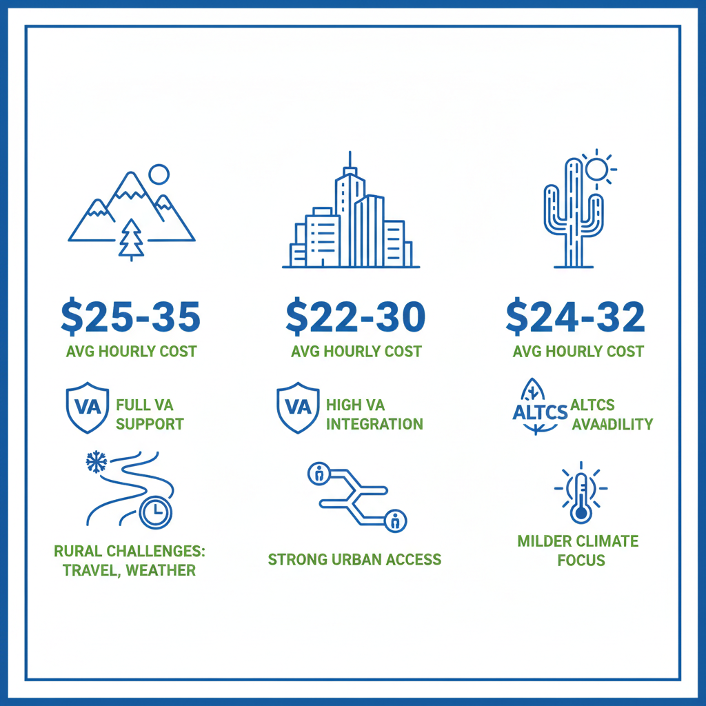Infographic comparing senior home care costs, VA support, and location-specific challenges in Flagstaff, Phoenix, and Tucson, Arizona.