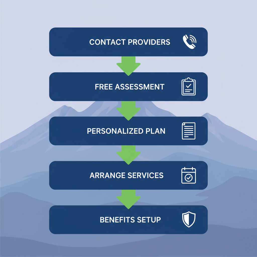 Vertical process flow diagram showing five steps to start senior home care in Flagstaff with icons and arrows.