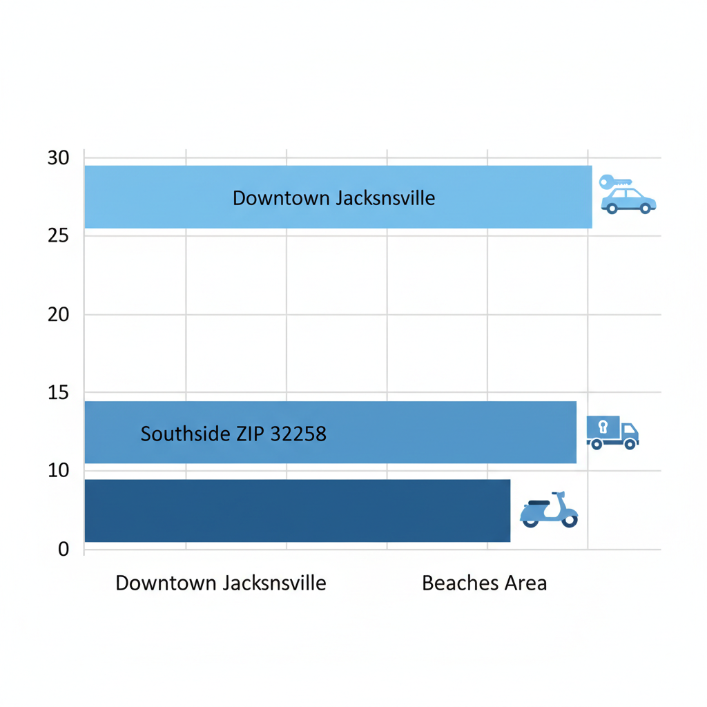 Horizontal bar chart comparing average locksmith response times in Jacksonville neighborhoods: Downtown 15-20 minutes, Southside 20-25 minutes, Beaches 25-30 minutes, with traffic icons and blue gradient bars.