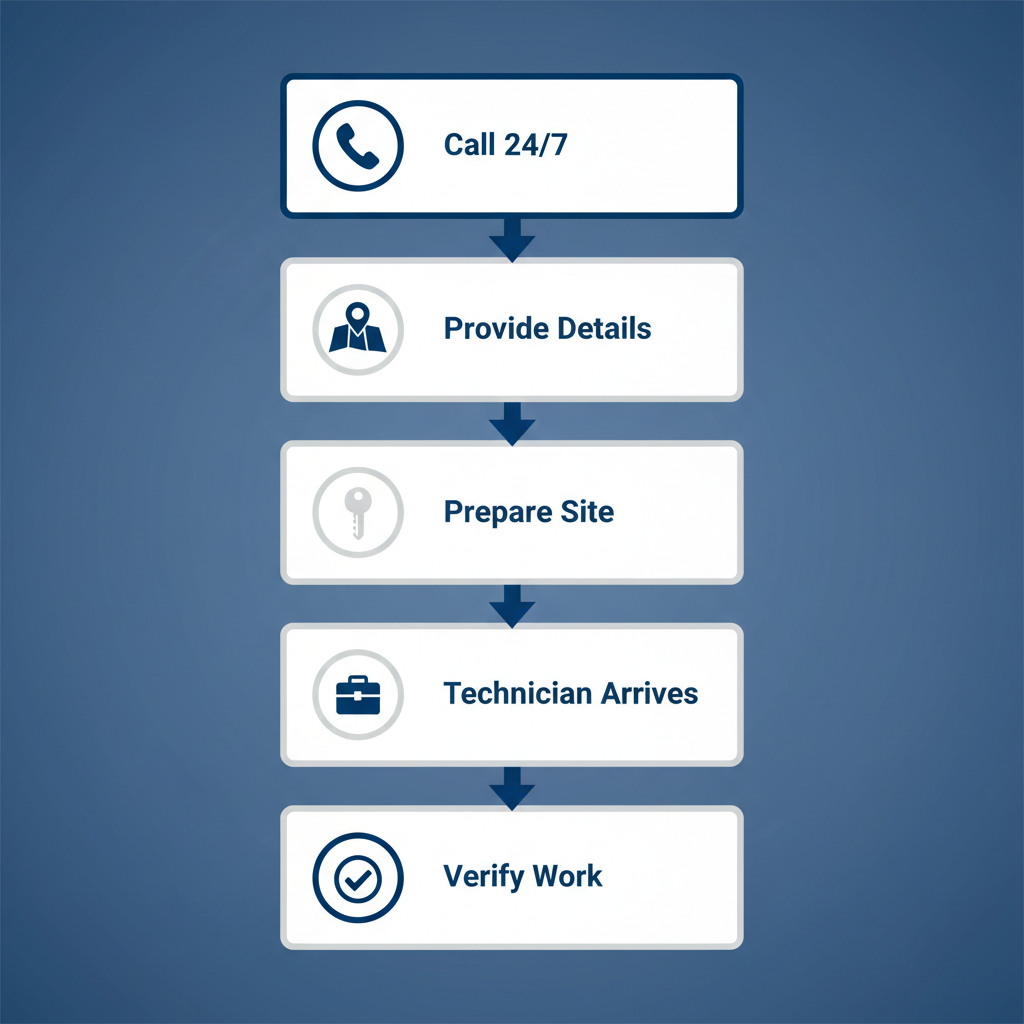 Vertical process flow diagram showing five steps to engage a mobile locksmith service in Jacksonville with icons for each stage.