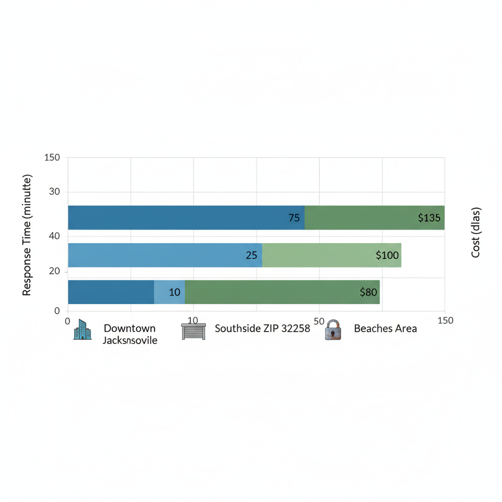 Horizontal bar chart comparing average locksmith response times and lockout costs in three Jacksonville neighborhoods with relevant icons.
