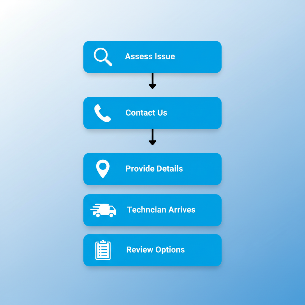 Vertical process flow diagram illustrating five steps for engaging residential locksmith services: assess issue, contact us, provide details, technician arrives, review options.