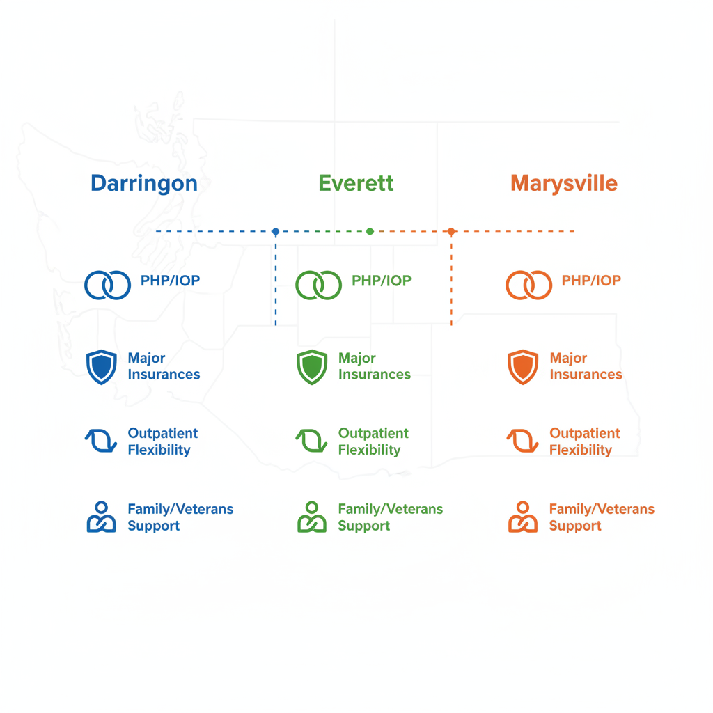 Infographic comparing alcohol and drug rehab options across Darrington, Everett, and Marysville in Snohomish County