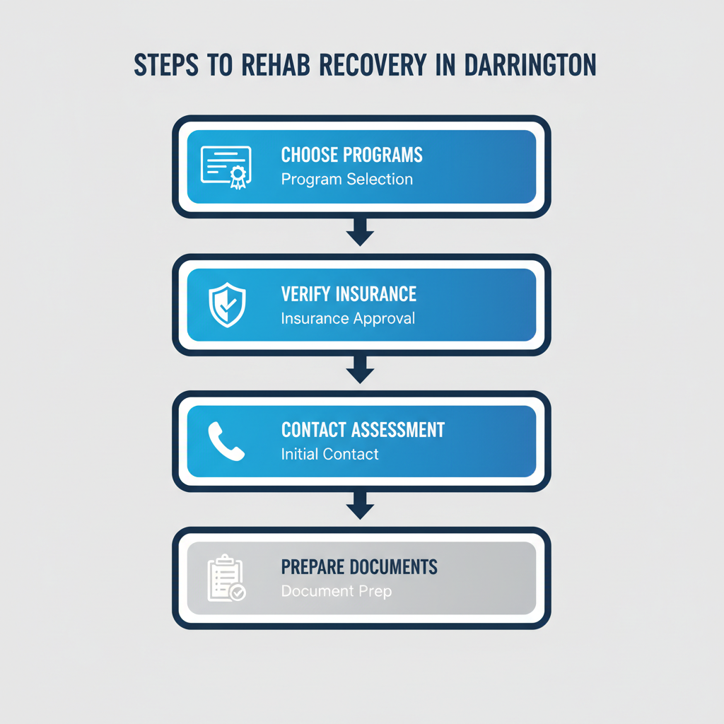 Vertical process flow illustrating four key steps to start rehab services in Darrington, featuring icons for program selection, insurance verification, provider contact, and document preparation.