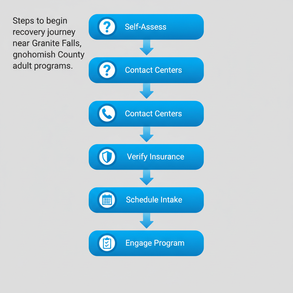 Vertical process flow diagram with five steps to start addiction recovery: self-assess with question mark icon, contact centers with phone, verify insurance with shield, schedule intake with calendar, engage in program with checklist, connected by blue arrows on gray background.