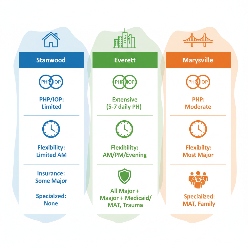 Infographic comparing outpatient addiction treatment access in Stanwood, Everett, and Marysville areas of Snohomish County.