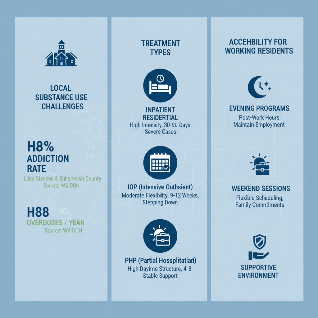 Infographic overview of alcohol rehab challenges, treatment comparisons, and accessibility in Lake Stevens and Snohomish County