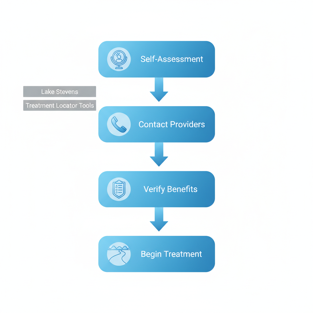 Vertical process flow diagram showing five key steps to begin alcohol recovery in Lake Stevens with icons and brief labels.