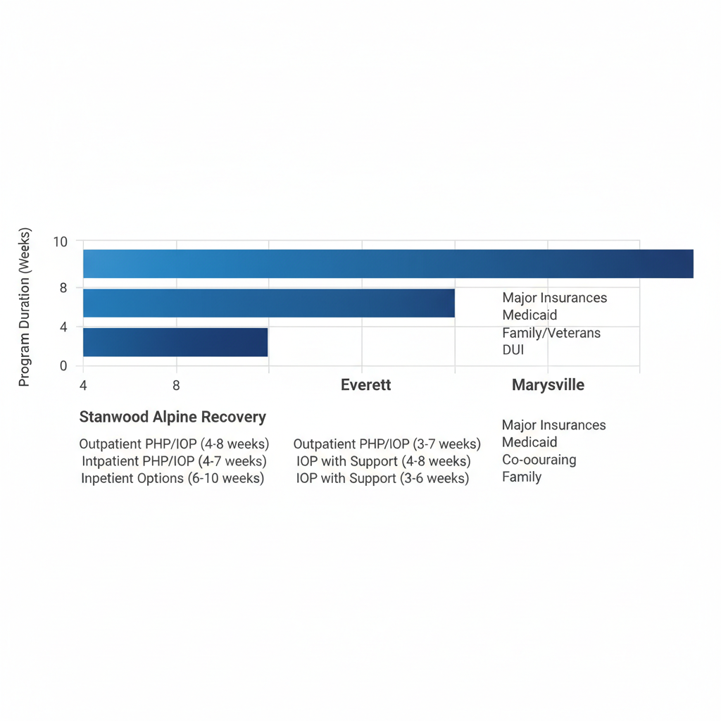 Bar chart comparing alcohol rehab program durations and options in Stanwood, Everett, and Marysville areas including insurance and specialized support details