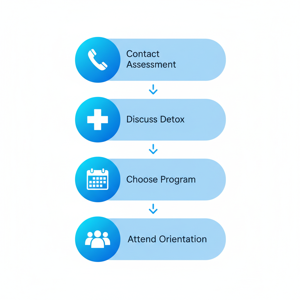 Vertical process flow diagram showing four steps to start alcohol rehab with icons and minimal labels