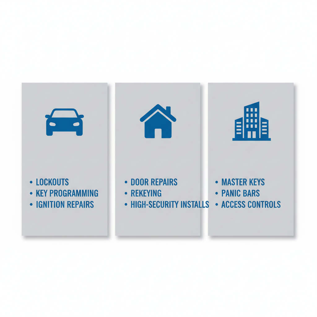 Infographic depicting locksmith services panels for automotive, residential, and commercial applications
