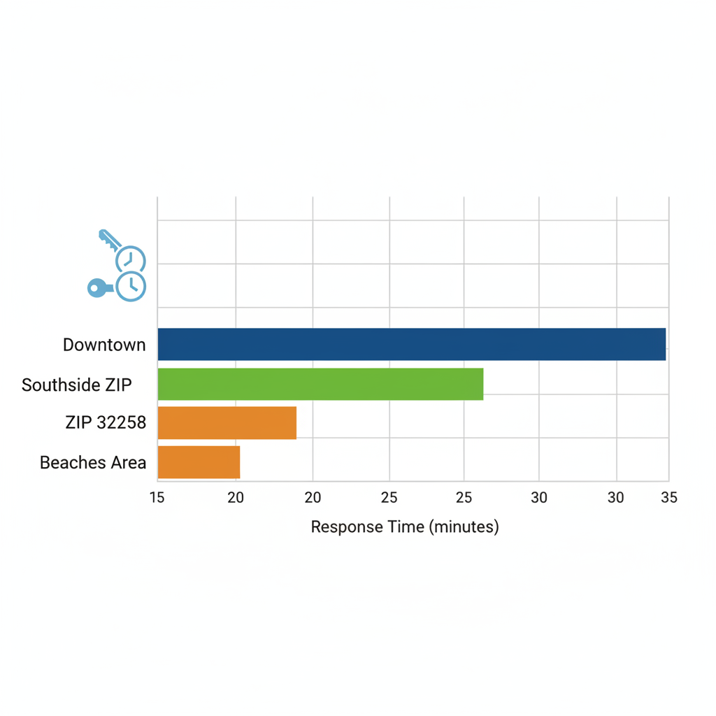Horizontal bar chart comparing locksmith response times in Jacksonville neighborhoods: Downtown, Southside ZIP 32258, and Beaches Area