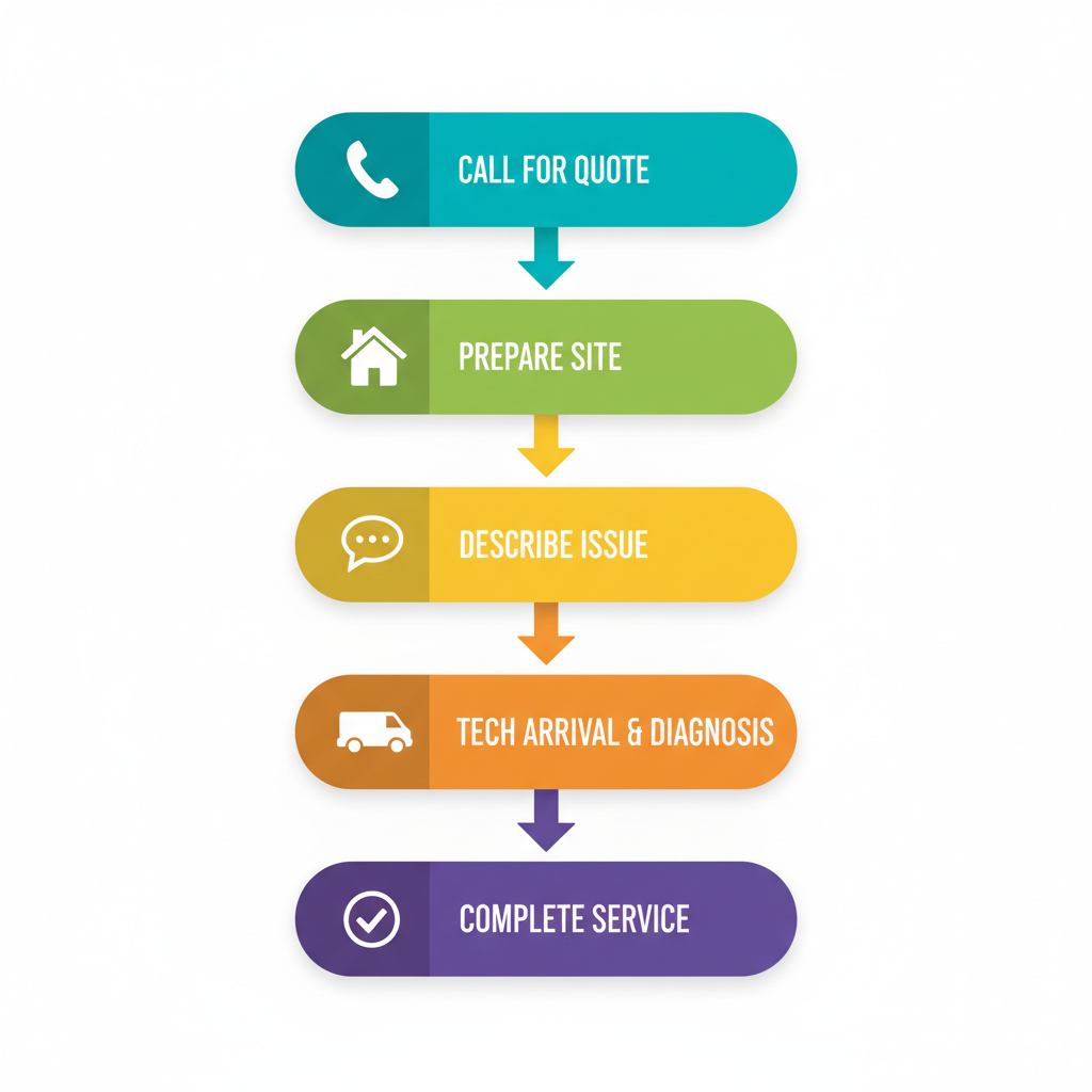 Vertical process flow diagram illustrating the five steps to secure locksmith help: call for quote with phone icon, prepare site with house icon, describe issue with speech bubble, tech arrival and diagnosis with van icon, and complete service with check icon.