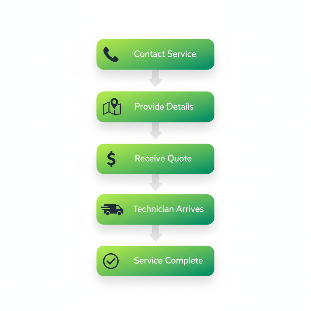 Vertical process flow diagram illustrating five steps to start locksmith services: contact, provide details, receive quote, technician arrival, and service completion with icons.