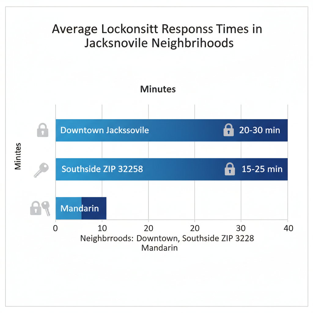 Horizontal bar chart displaying average emergency locksmith response times in Jacksonville neighborhoods: Southside 15-25 minutes, Downtown 20-30 minutes, Mandarin 25-35 minutes, with lock and car key icons.