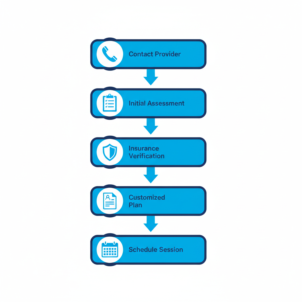 Vertical process flow diagram illustrating five steps to begin in-home ABA therapy in North Carolina with icons and brief labels.