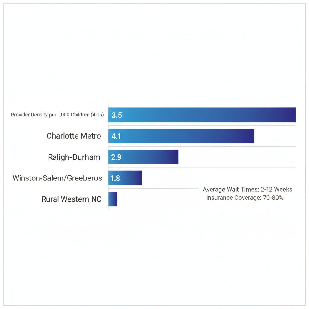 Horizontal bar chart comparing ABA therapy provider density and access metrics across North Carolina regions