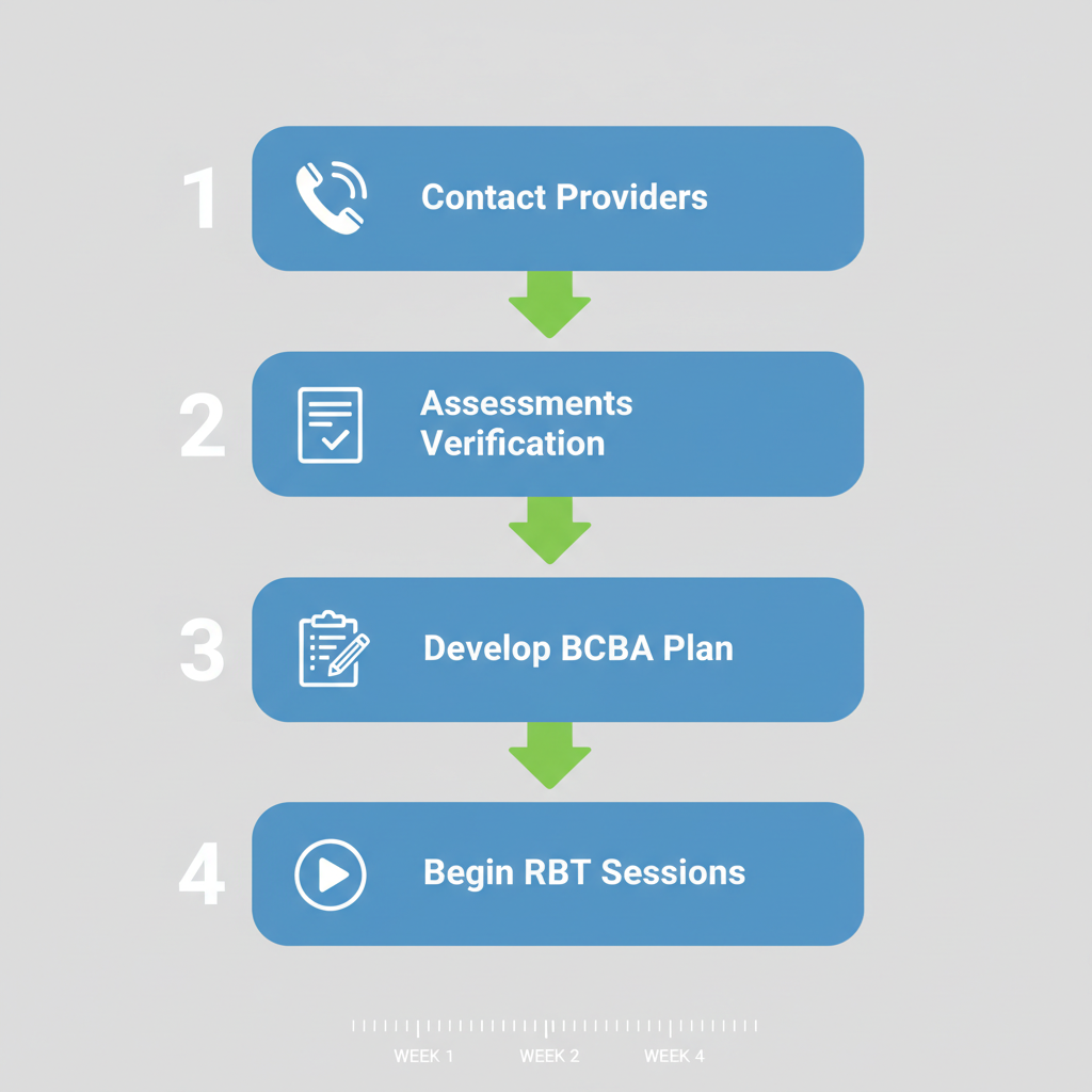 Vertical process flow diagram illustrating four steps to begin ABA therapy in North Carolina, with icons and connecting arrows.