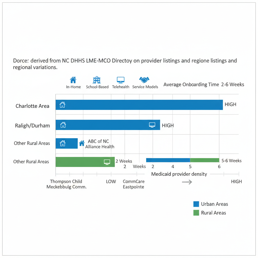Infographic comparing ABA therapy coverage, provider density, service models, and onboarding times across North Carolina regions including Charlotte, Raleigh/Durham, and rural areas.