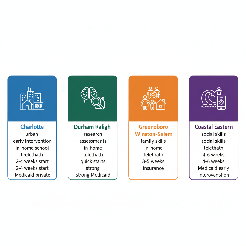 Infographic comparing ABA therapy services and features across North Carolina regions: Charlotte, Durham/Raleigh, Greensboro/Winston-Salem, and Coastal/Eastern NC.