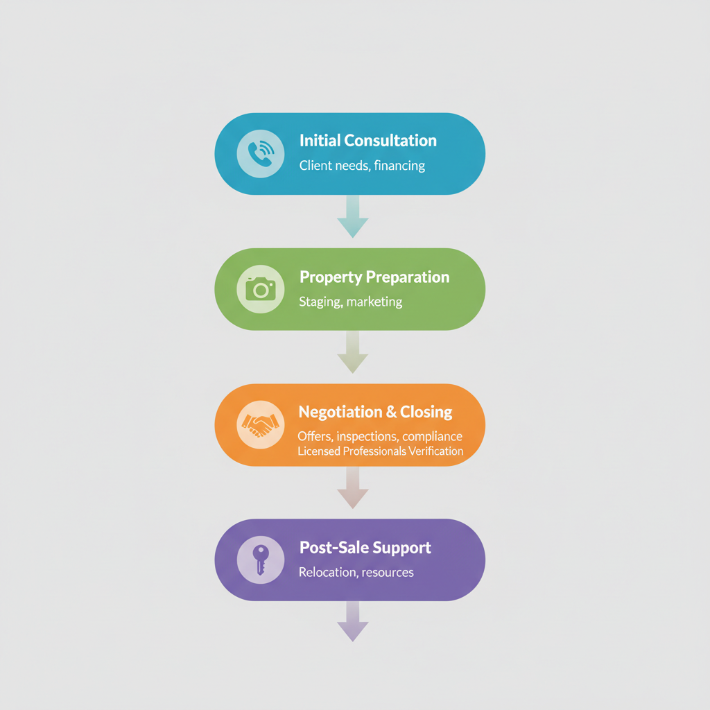 Vertical process flow diagram showing four stages of DG Realty Group real estate support in Birmingham
