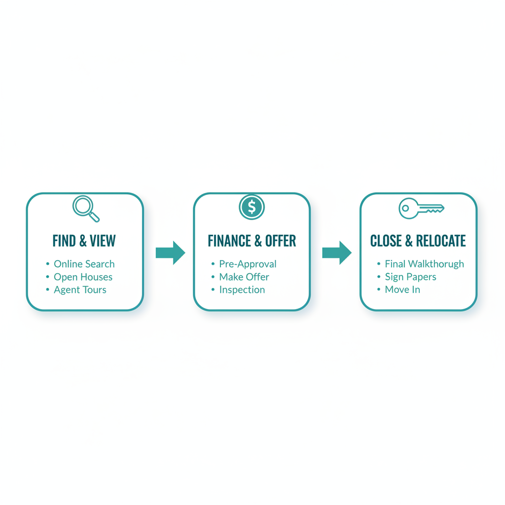 Horizontal diagram illustrating the three main stages of the home buying process in Bloomfield Hills, with icons and brief sub-steps.