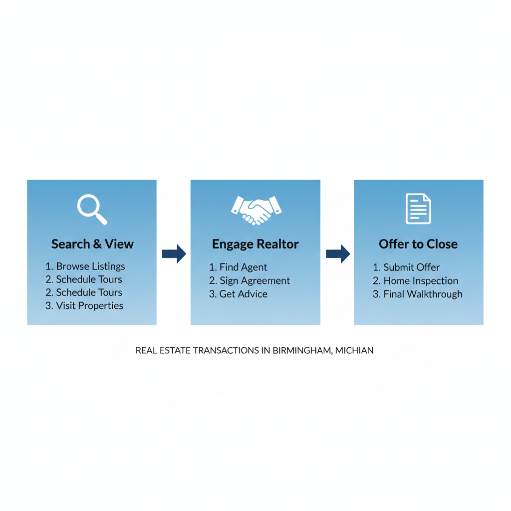 Horizontal process flow diagram illustrating three stages of real estate transactions in Birmingham, Michigan: searching and viewing, engaging a realtor, and offer to closing, with relevant icons.