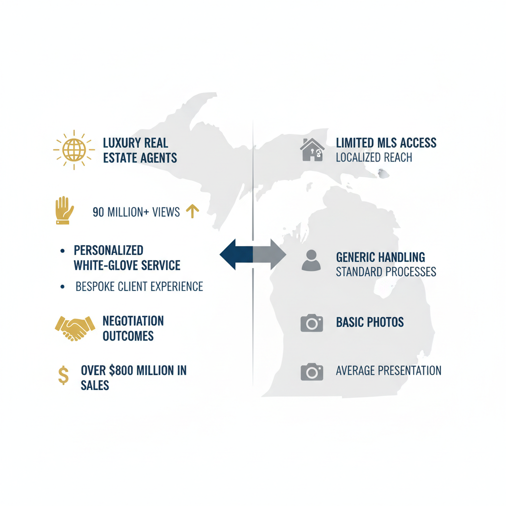 Infographic comparing advantages of top luxury real estate agents like DG Realty Group to standard Michigan brokerages, highlighting global exposure, personalized service, and strong negotiation results.