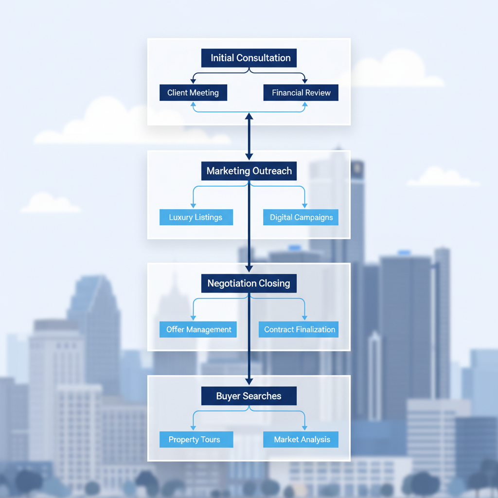 Vertical process flow diagram showing four stages of luxury real estate transactions in Michigan with icons and arrows.